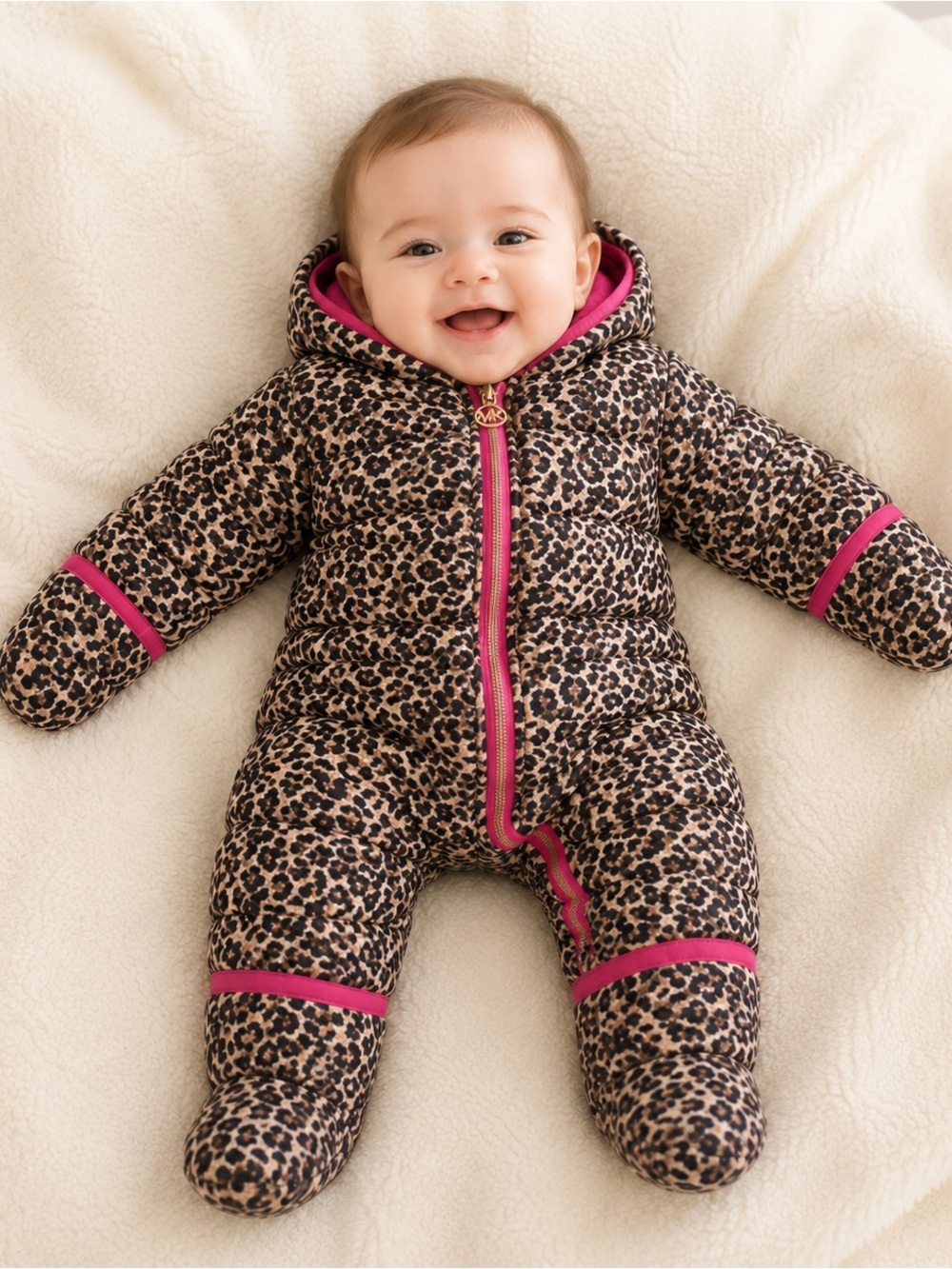MICHAEL Michael Kors Leopard-Print Puffer One-Piece Pink Trim 0-6 M NWT